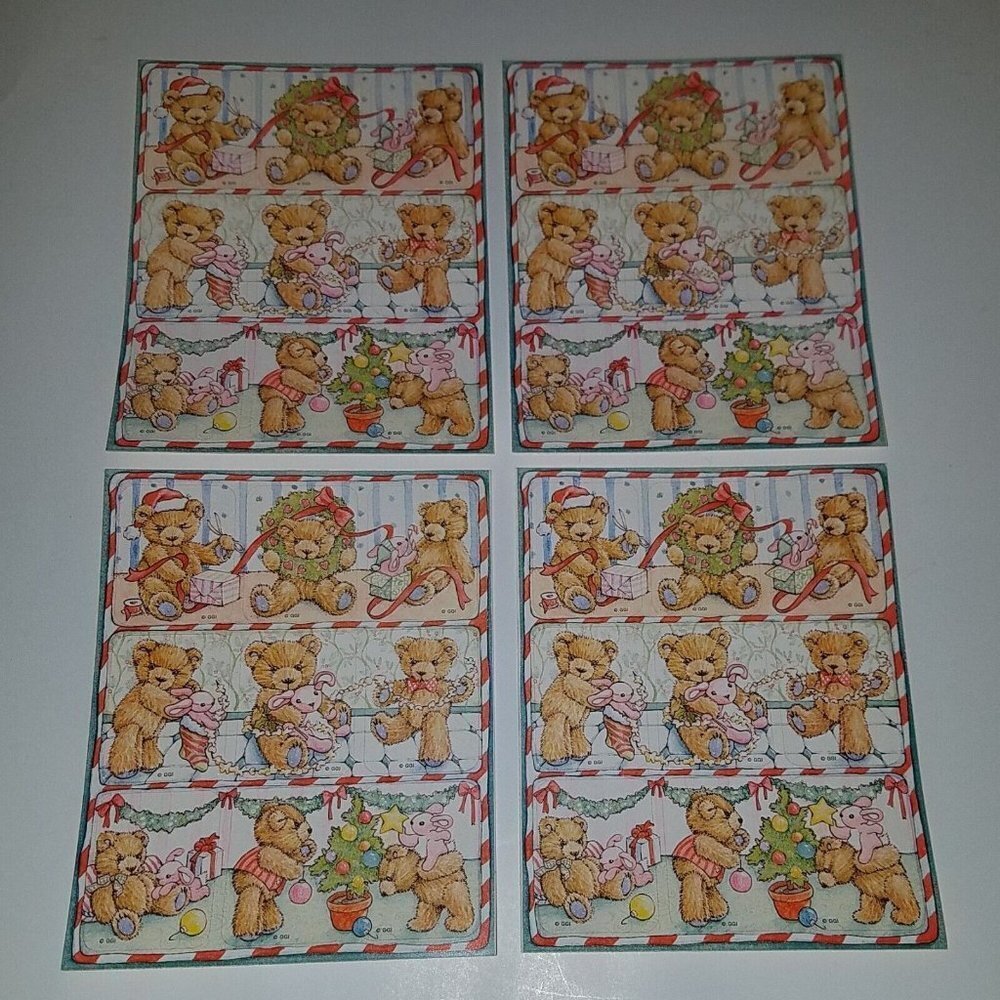 VTG Gibson Christmas Teddy Bear Stickers Presents Pink Bunny ~ Lot of 4 Sheets